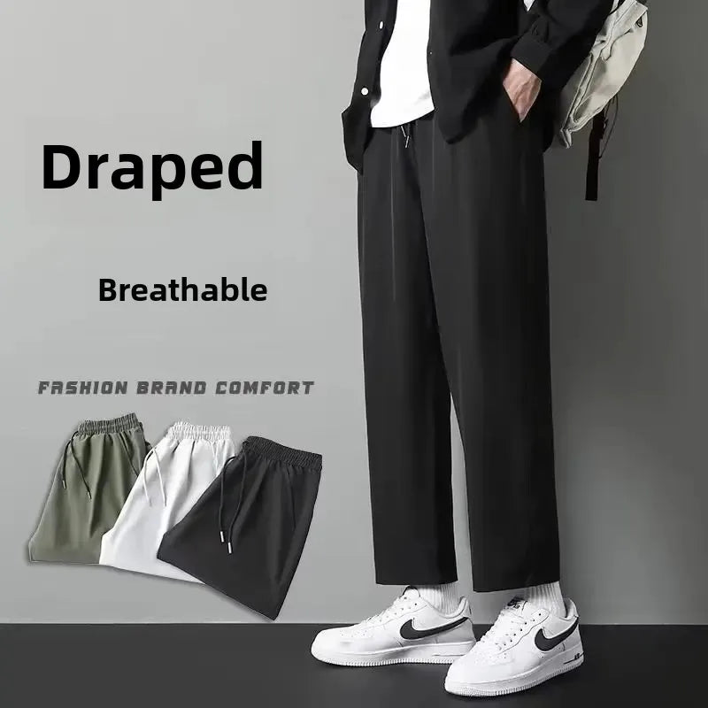 Men's Ice Silk Straight-Leg Pants Loose Fit Lightweight Casual Trousers Trendy Quick Dry Pants Men's Draped Bell Bottoms