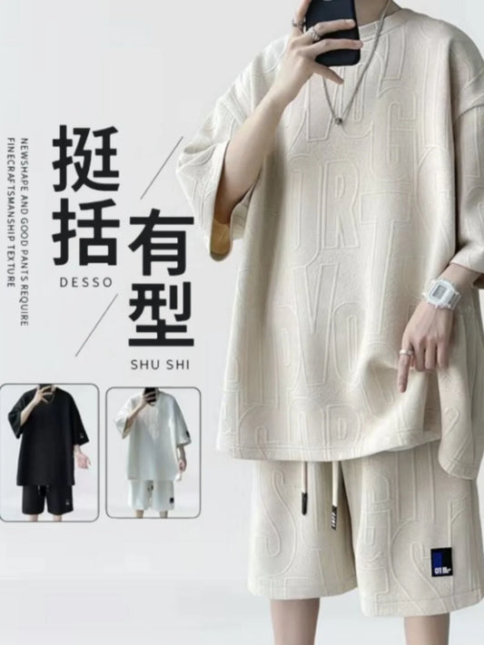 Summer Casual Sports Set Men's Thin Loose Versatile ort Sve T-irt with Five-Quarter Pants Polyester Fiber Teenage Size