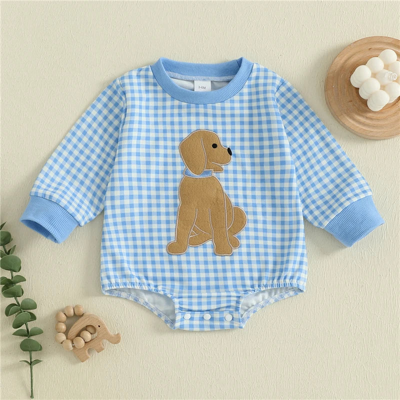 Baby Boys Romper Casual Dog Embroidery Plaid Long Sleeve Jumpsuit Spring Autumn Infant Toddler Outfit Clothing