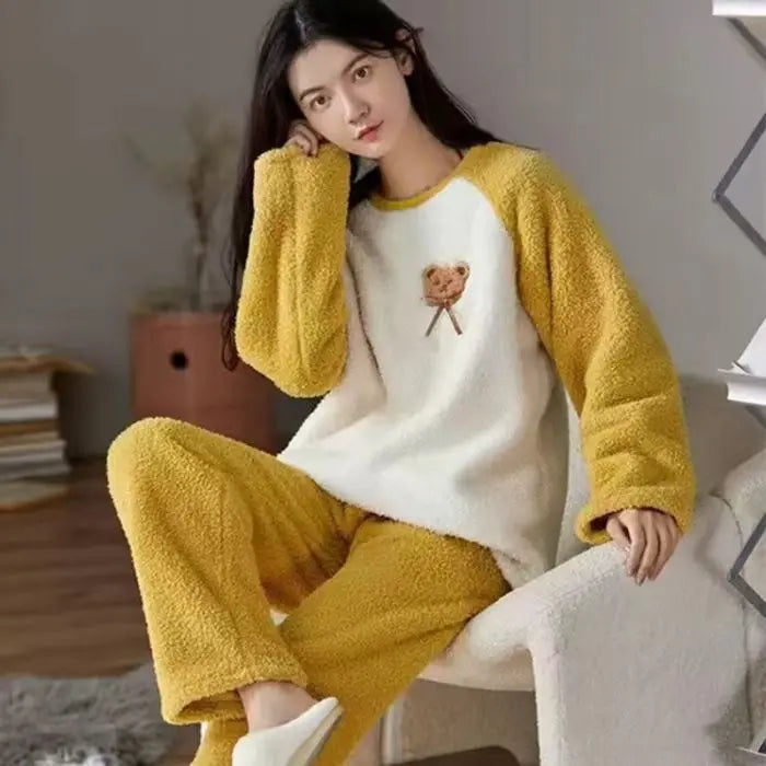 Thickened Long Sleeve Home Clothes Set with Chest Pad Winter Coral Fleece Korean Style Student Cute Large Size Home Clothes Set