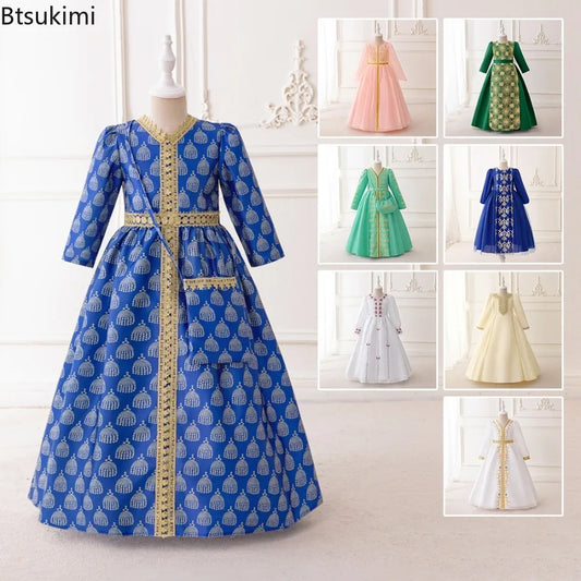 Muslim Ramadan Prayer Gowns Party Girls Dress Long Sleeve Robe Arabic Dubai Abaya Girls Dresses Eid Child Holiday Prom Costumes