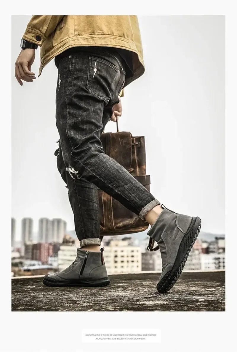 Boots for Men Retro Side Zipper Men's Ankle Boot Pleated Designer Men Boots  Outdoor Non Slip Workwear Booties Botas Para Hombre