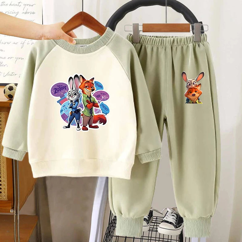 Disney Zootopia Cartoon Printed Children Autumn Clothing Set Fashion Splicing Sleeve O-Neck Hoodies and Long Pants 2Pcs Set Wear