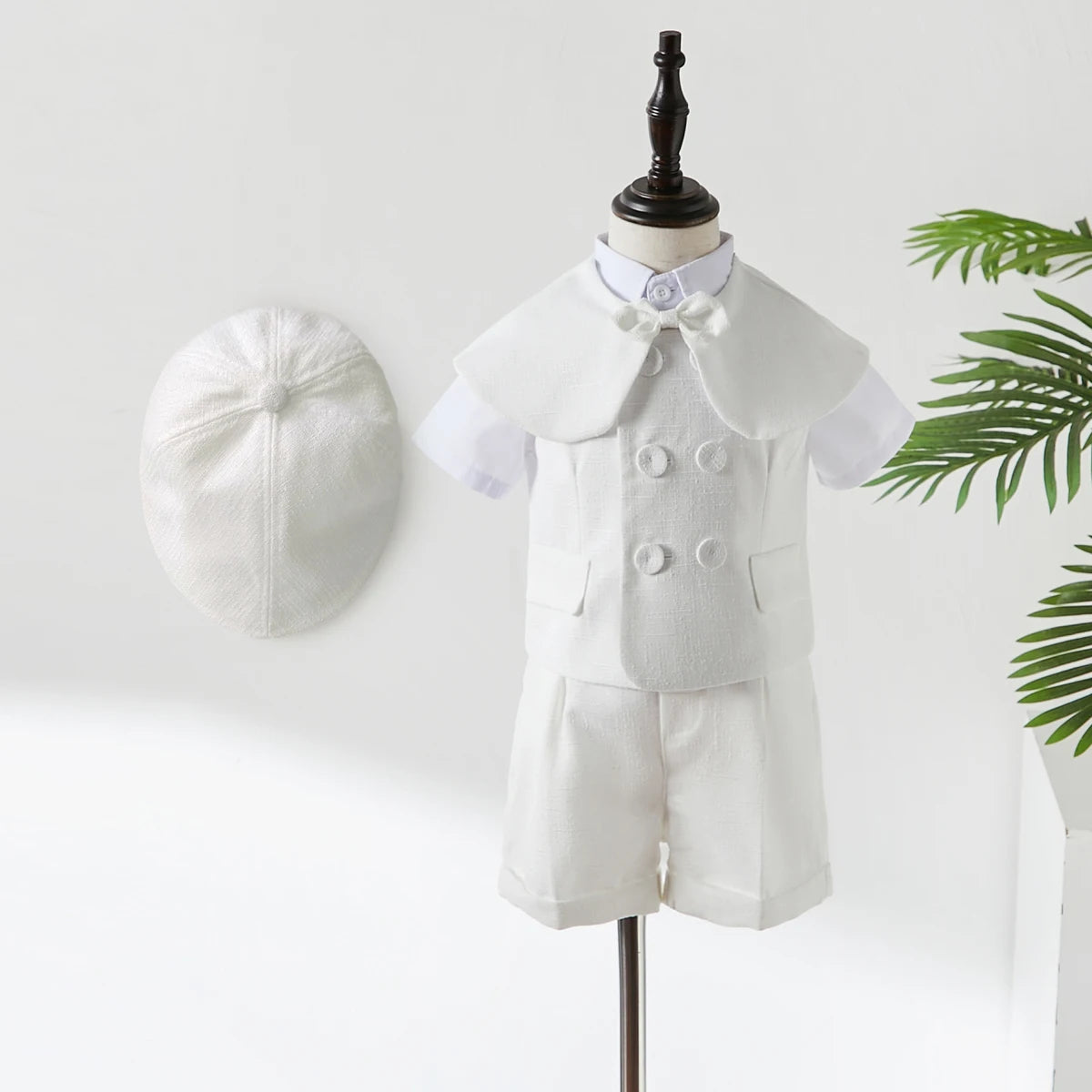 White Boys Suits Fashion Formal Baptism Party Dress Vest shawl Shorts hat 4pcs sets Outfits Kids Birthday Boutique Clothing set