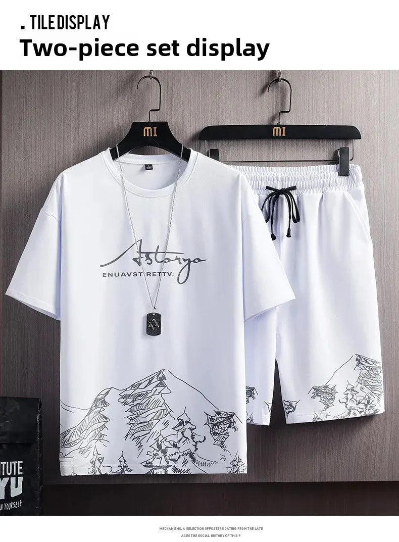 Ice Sensation Printed Summer Short Sleeve T-Shirt Set Men's Loose Basketball Sports Two-Piece Quick Dry Breathable Casual Wear