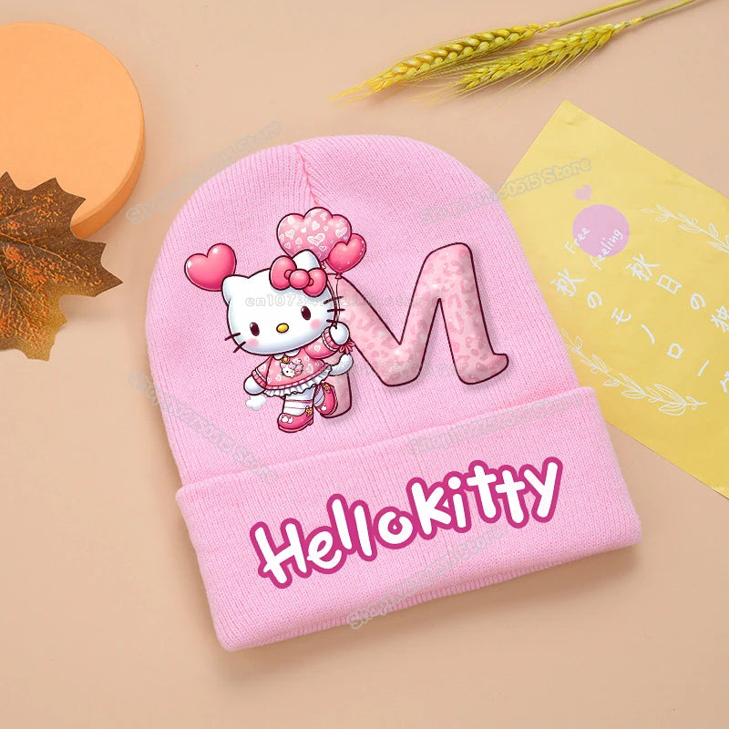 Hello Kitty Kids Knitting Hats Cute Letter A-Z Girl Winter Beanies Cartoon Print Weaved Bonnet Winter Warm Children Beanies Caps