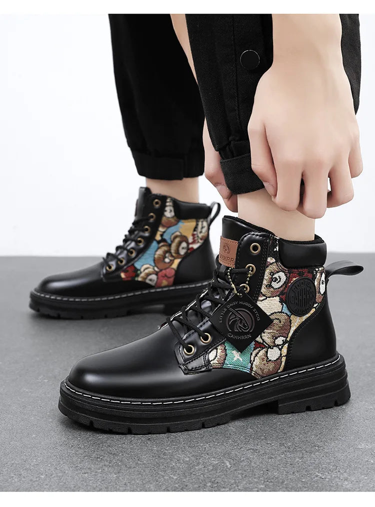 New Men's Boots Designer Luxury Men Working Boots High Tops Platform Leather Shoes for Men British style Motorcycle Botas Hombre