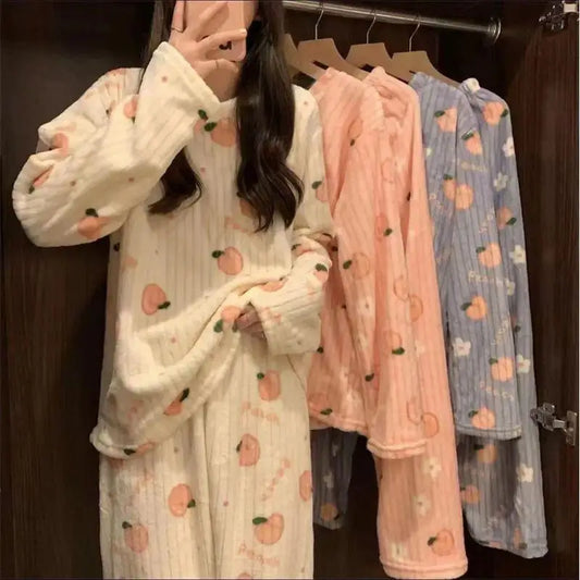 Autumn Winter Plu Print Bear Home Clothes Set Comfortable Long Sve Crew Ne Sweatirt And Pants Spwear for Young Women
