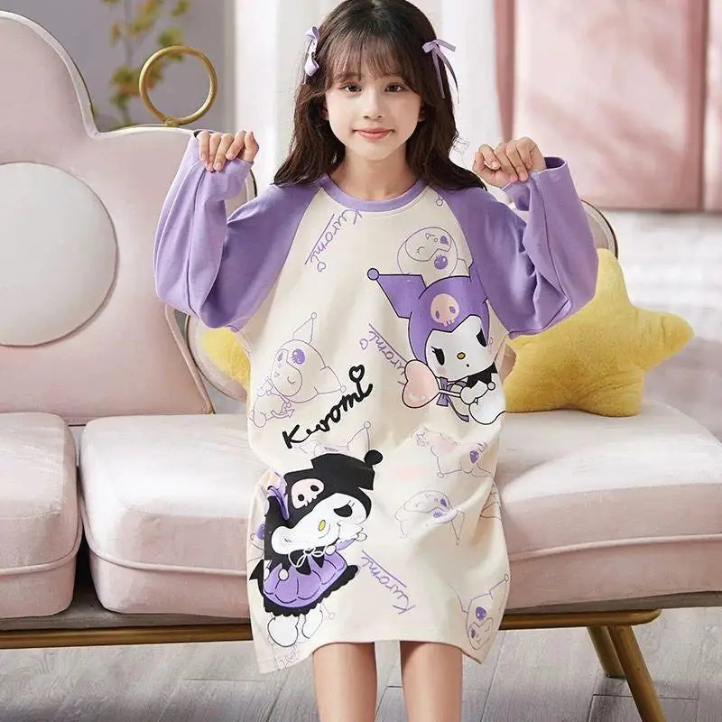 Sanrio My Melody Girls Pajama Kuromi Spring Autumn Long Sleeve Pure Cotton Children's Nightgown Cute Sleepwear Robe Loungewear