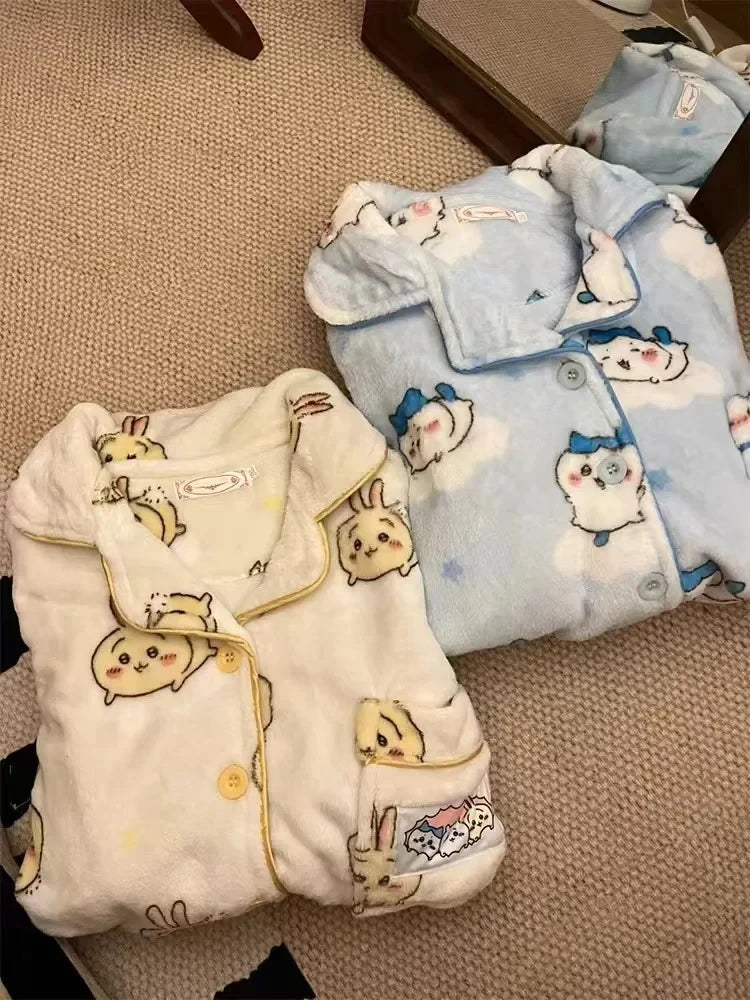 Chikawa Flannel Pjs Thicken Winter Usagi Long Sleeved Pajama Pants Set for Women Plus Velvet Cute Blue Hachiware Home Clothes
