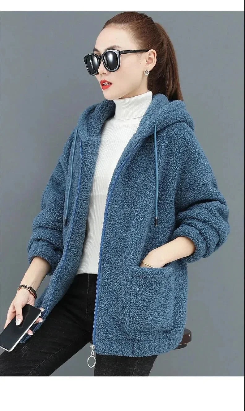 Lamb Velvet Hoodie Women's Thickened Fleece Teddy Velvet Loose Autumn Winter Korean Style Zipper Cardigan 082