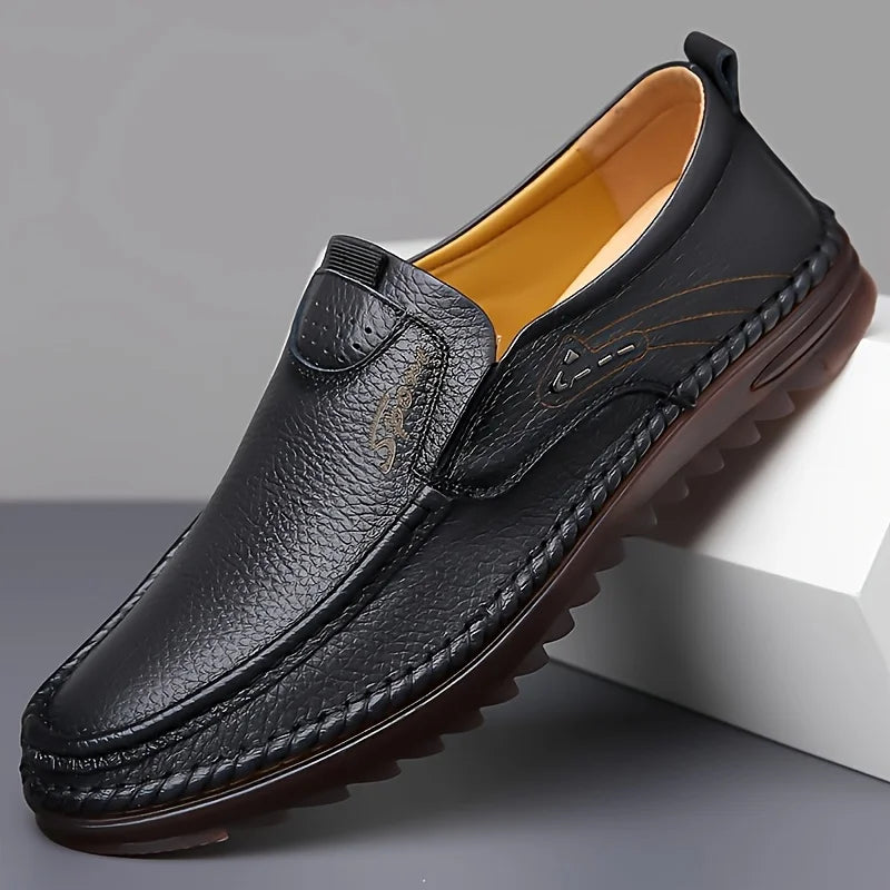 Classic Leather Loafers for Men - Elegant Beige Slip-On Shoes with Round Toe Ideal for Business and Casual Outfits