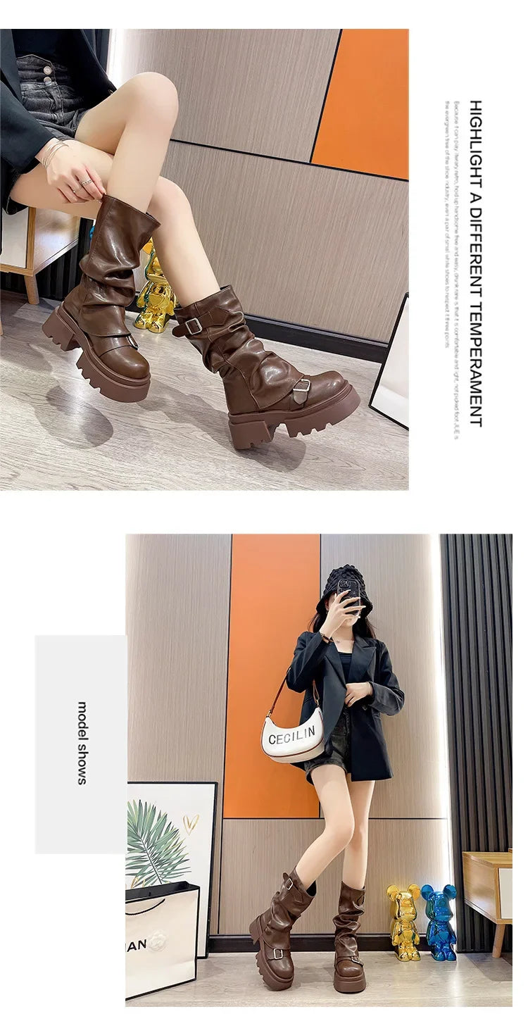 Women's Boots Brown Maillard Retro New Spring Autumn Height Increasing Comfortable Anti Slip Fashion Belt Buckle Boots 2025