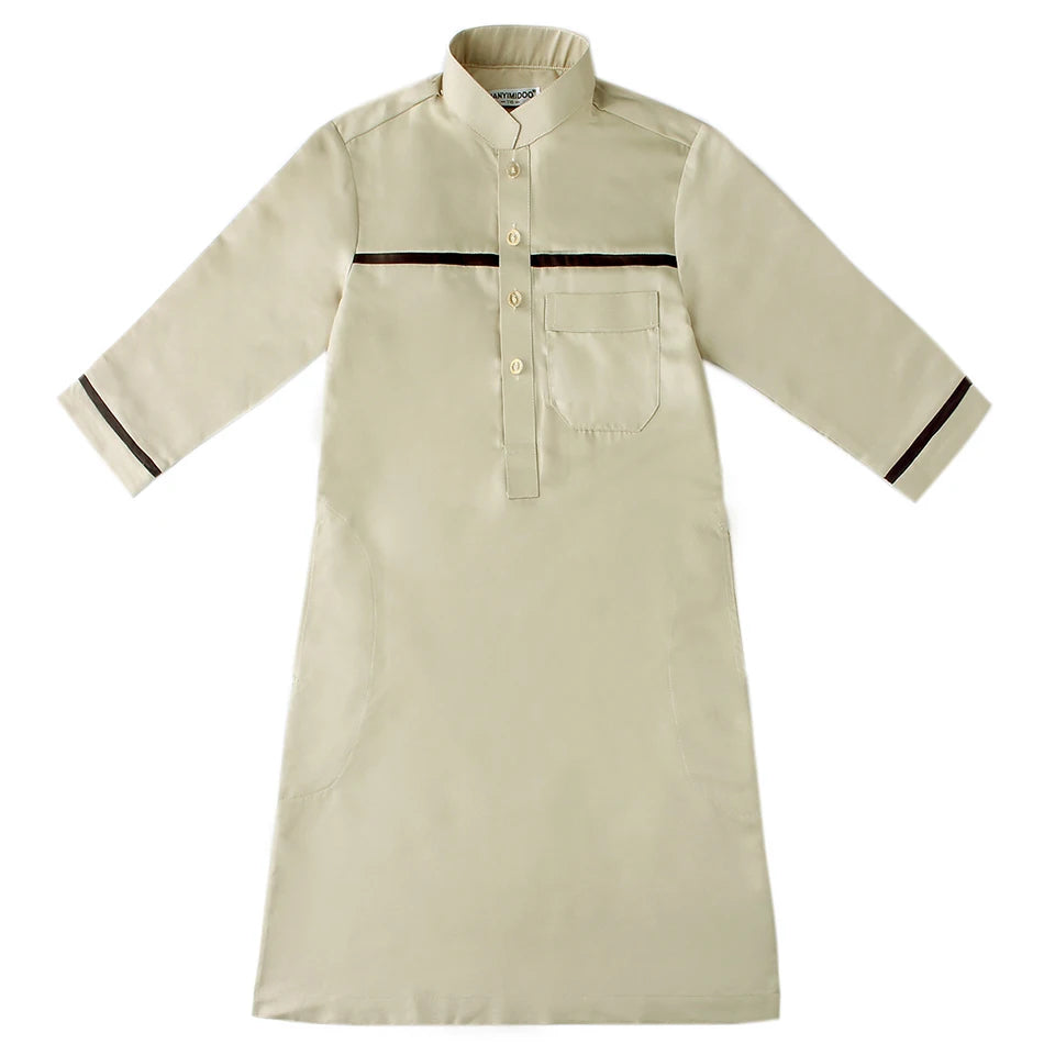Ramadan Eid Islamic Boys Long Robe Children Traditional Arab Thobe Thawb Caftan Solid Color Long Sleeve Stand Collar with Pocket