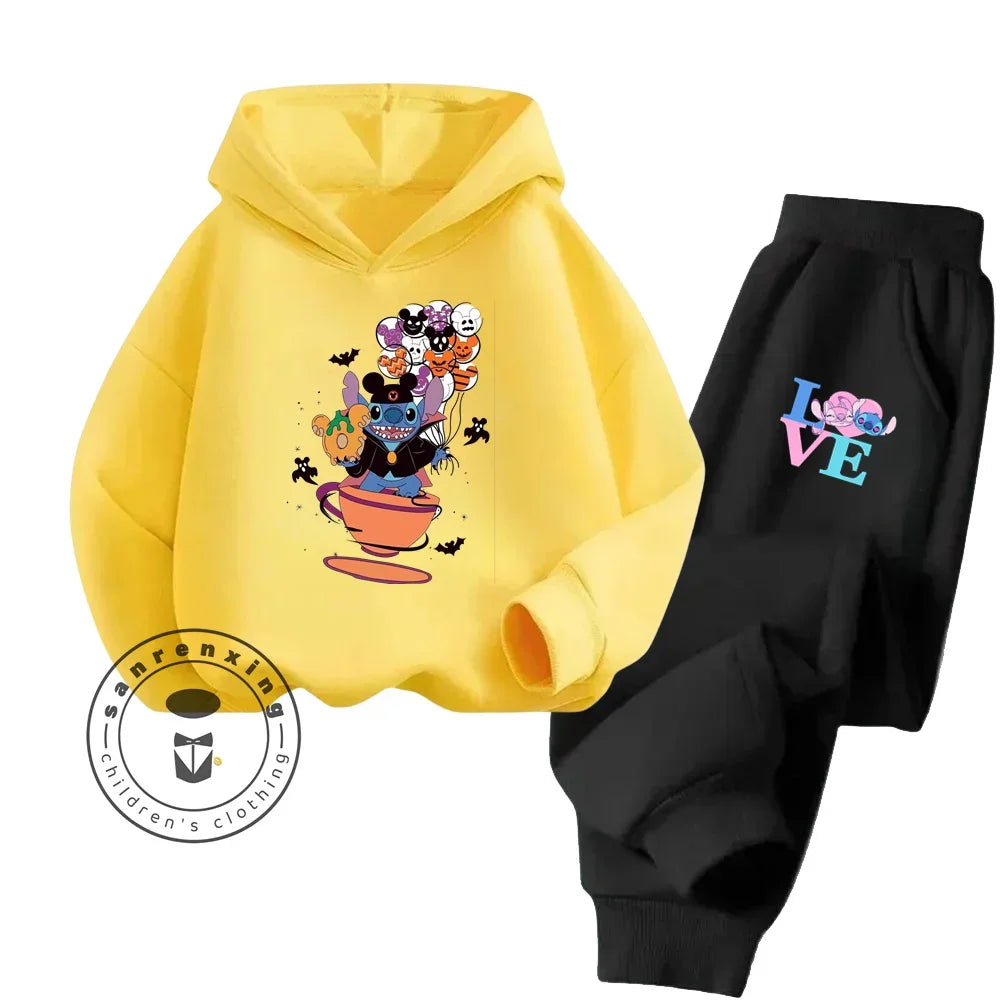 Cartoon Stitch Children Hooded Sweatshirt+Pants Two-piece Set Boy Girl Autumn Winter Daily Outdoor Vacation Warm Soft Sportswear