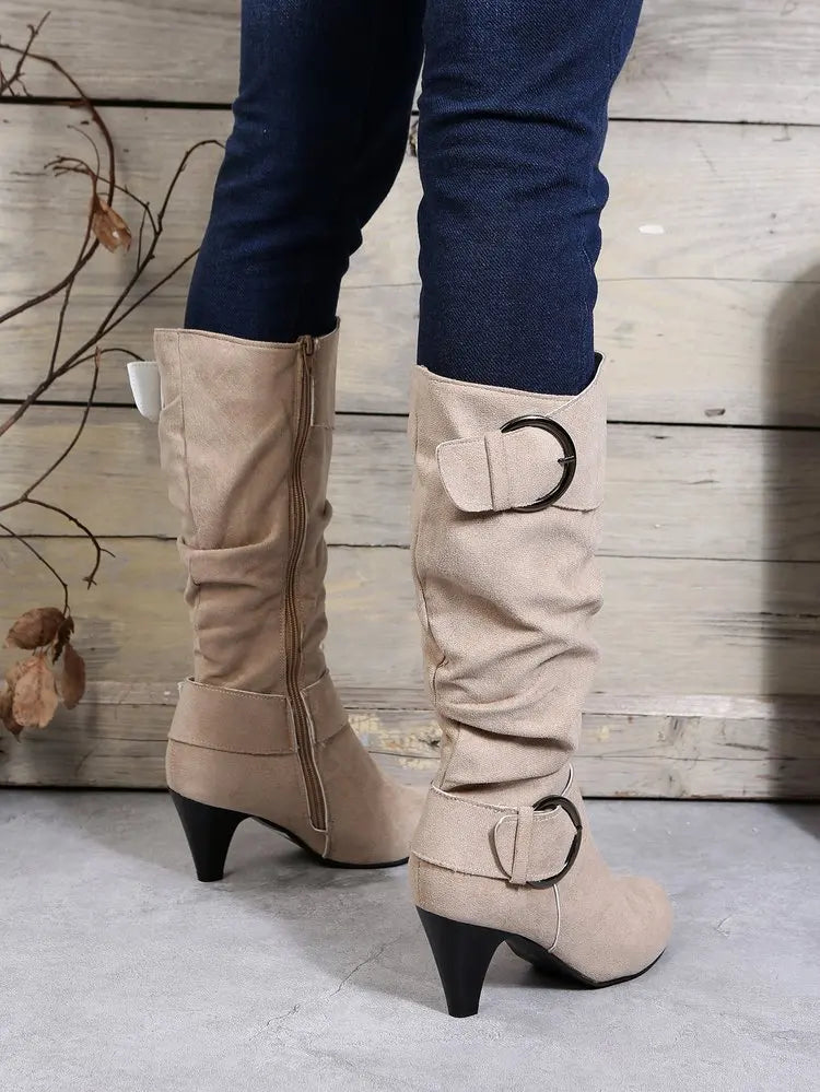 Women's Boots Side Zipper Modern Boots Fashion Pointed Toe Shoes High Heels Suede Mid-Calf Boots Solid Belt Buckle Casual Boot