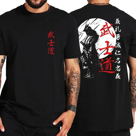 Men's Japanese samurai spirit pattern double-sided printed 100% cotton short-sleeved T-shirt casual and fashionable top