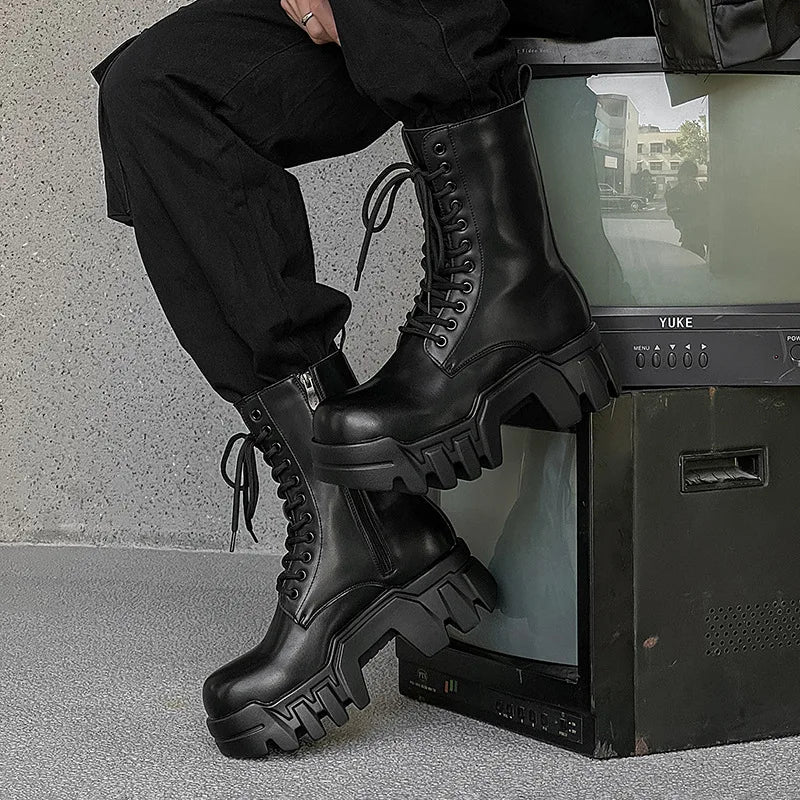 men fashion punk gothic platform boots designer original leather shoes cowboy high boot black stylish long motorcycle botas mans