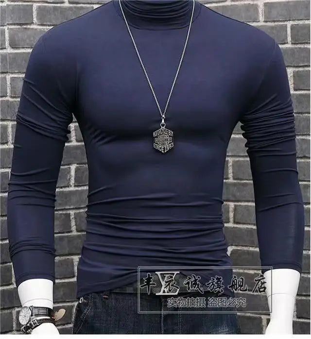 Trendy Casual Turtleneck Men's Modal Winter Sweater turtleneck Cool Blouse Tight Modal T-shirt Youth Solid Color Base Shirt Top