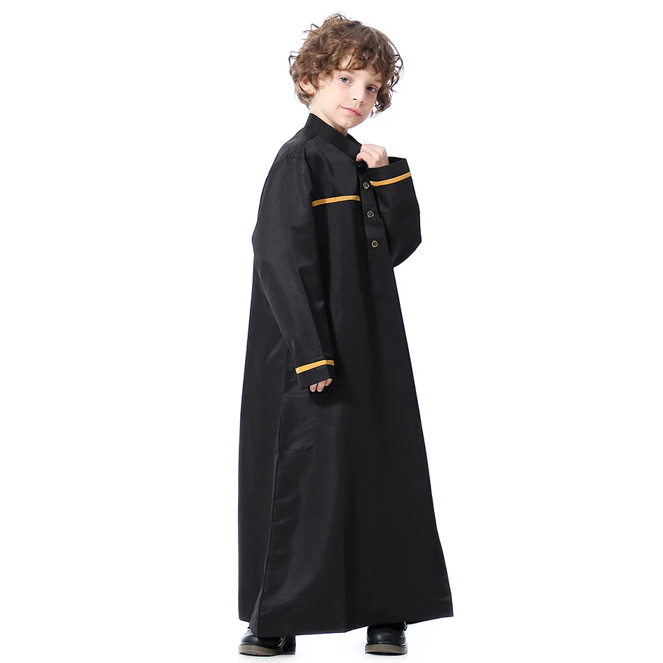 Ramadan Eid Islamic Boys Long Robe Children Traditional Arab Thobe Thawb Caftan Solid Color Long Sleeve Stand Collar with Pocket