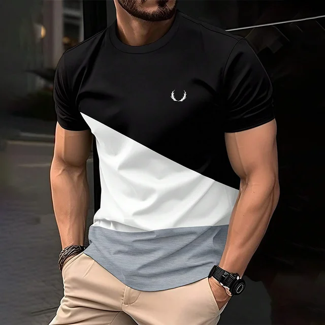 2025 Fashion Men's Color Blocking Printed T-Shirt Casual Street Male Crew Neck Short Sleeve T Shirt Large Size Menswear Clothing