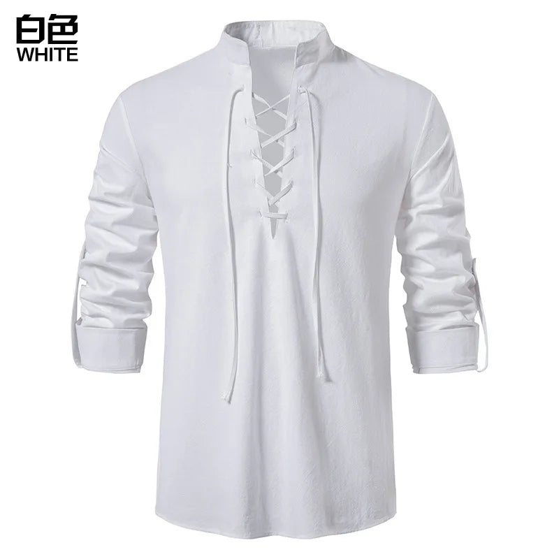 Men Cotton Linen Lace Up Long Sleeve Solid Blouse Shirts Summer Male Solid Loose Pullover Blouse Tops ARJ-A1776
