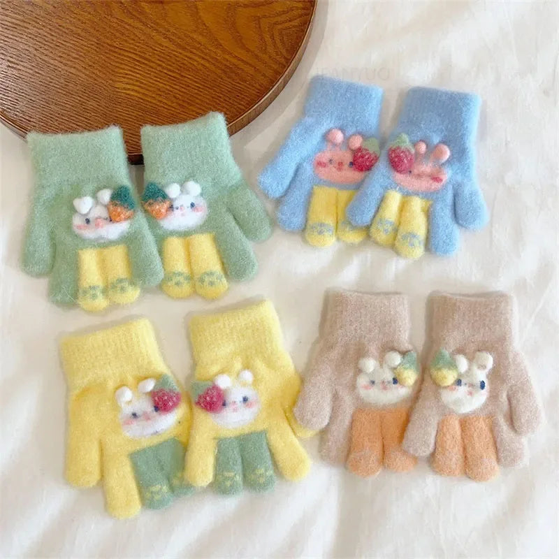 3-6Ages Children's Cute Strawberry Rabbit Kids Warm Gloves Autumn Winter Baby Boys Girls Five Finger Mittens Kindergarten Glove