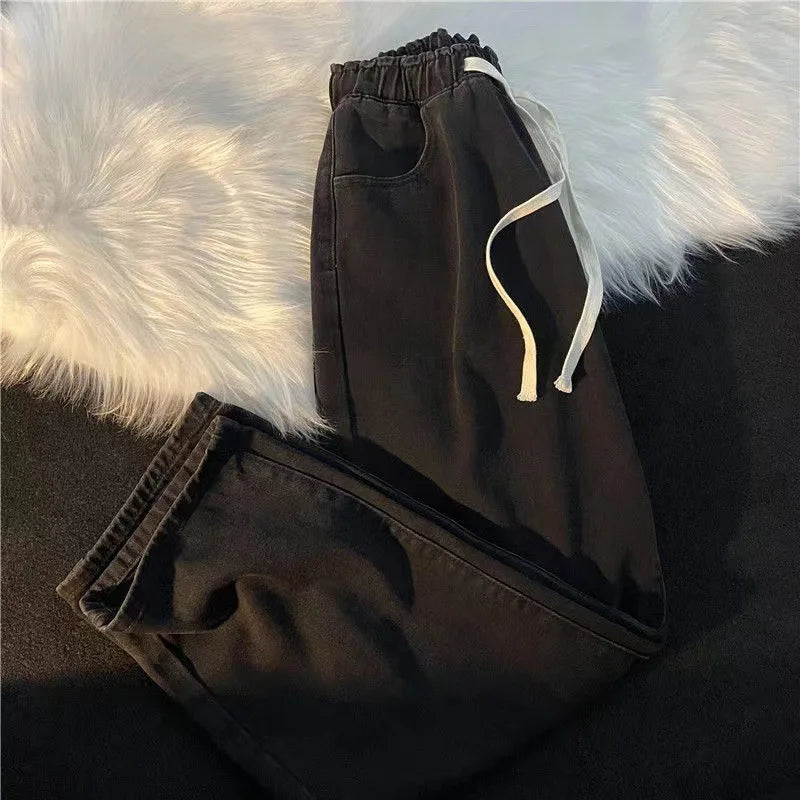 Spring Summer Loose Straight Leg Jeans Women's Versatile Elastic Waist Wide Leg Pants Long Trousers Casual Style High Waist