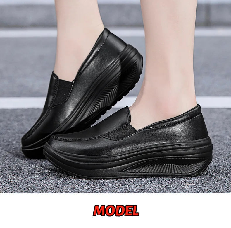 Women's Shoes Spring Genuine Leather Soft Outsole Work Shoes Female Black Swing Shoes Woman Plus Size Wedges Single Shoes