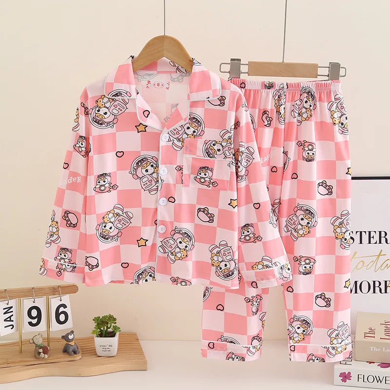Cartoon New Spring Autumn Children's Pajamas Set Girls Boys Teenagers Stitch Long-sleeved and Pants Outside Home Clothes Set