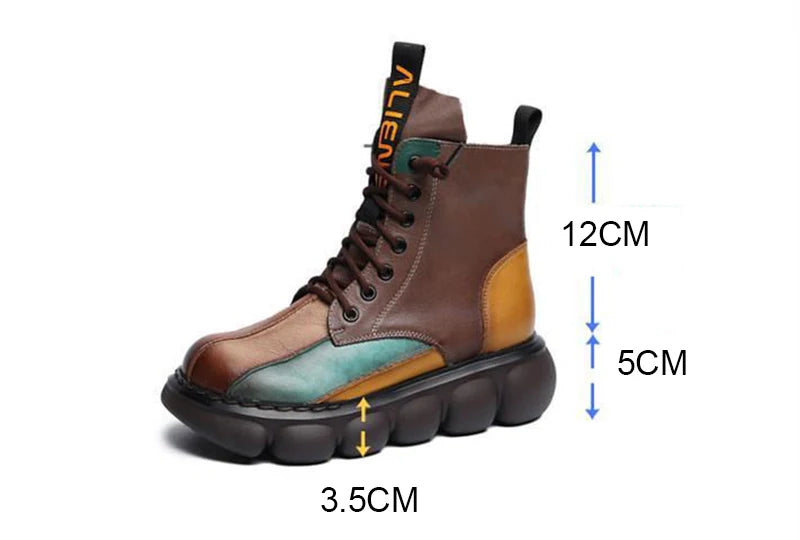 New Autumn Boots Women Mixed Colors Shoes Fashion Round Toe Lace Up Casual Thick-soled Ladies Flat Platform Short Boots