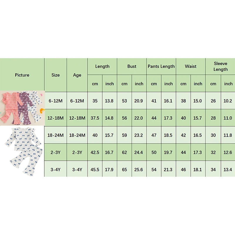 Pudcoco Kid Infant Baby Girls Pants Set, Bow Print Long Sleeve Crew Neck T-shirt with Flare Pants Fall Outfit 6M-4T