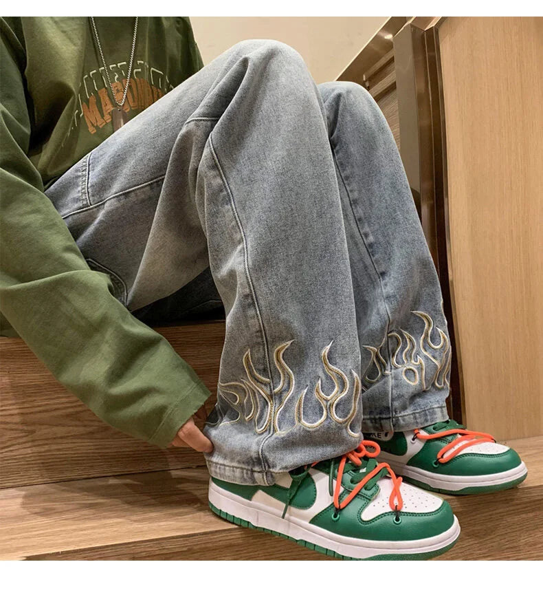 Fashion Flame Embroidery Men's Jeans Neutral Wide Leg Denim Trousers Loose Straight Jeans Youth Casual Baggy Hip Hop Pants 2023