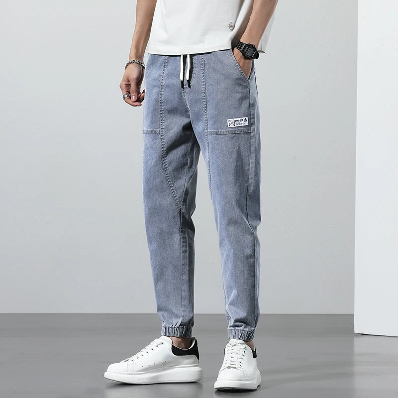2025 Spring Summer Jeans Men Cotton Thin Beam Feet Harem Pants Elastic Drawstring Waist Light blue Joggers Trousers Male 28-38