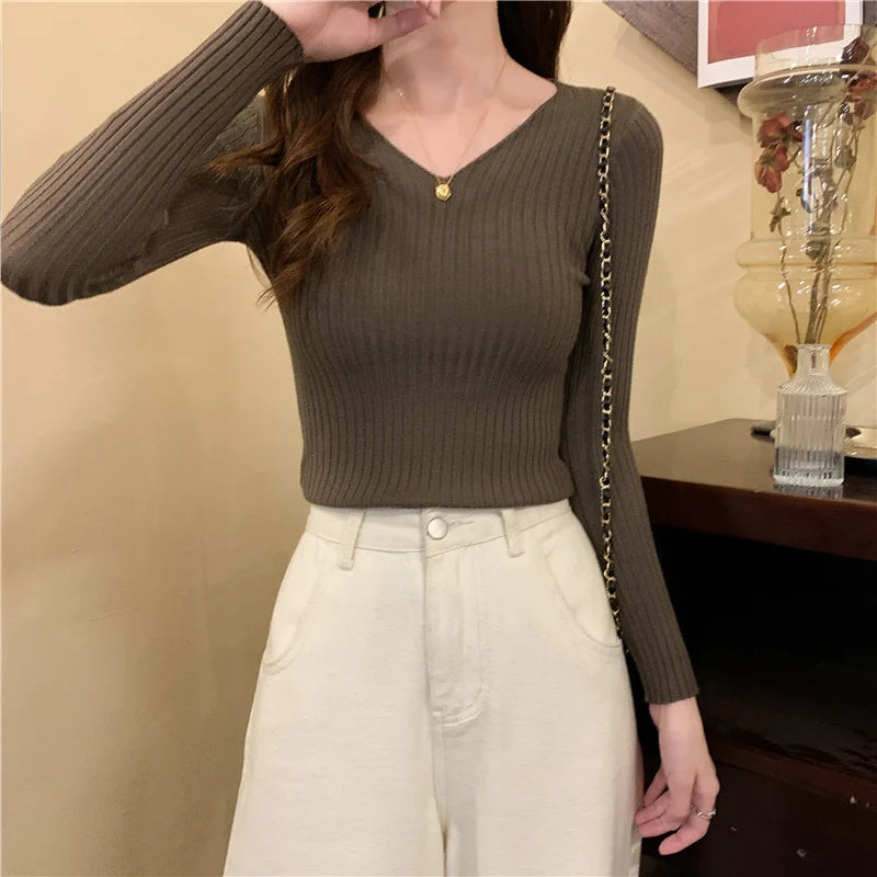 2026 Fashion Casual Long Sleeve Knitted Sweaters Korean Autumn Winter V Neck Sweater Solid Color Slim Pullovers Women Clothes