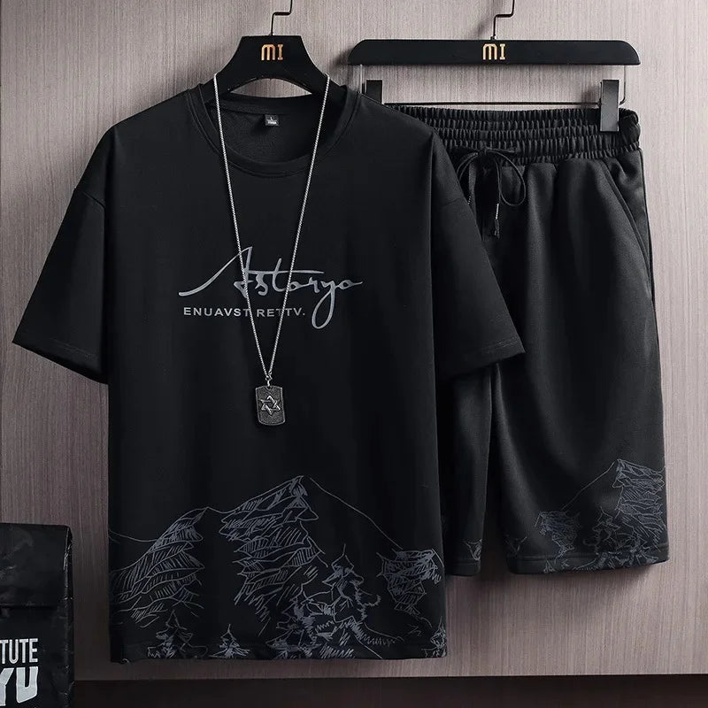 Ice Sensation Printed Summer Short Sleeve T-Shirt Set Men's Loose Basketball Sports Two-Piece Quick Dry Breathable Casual Wear