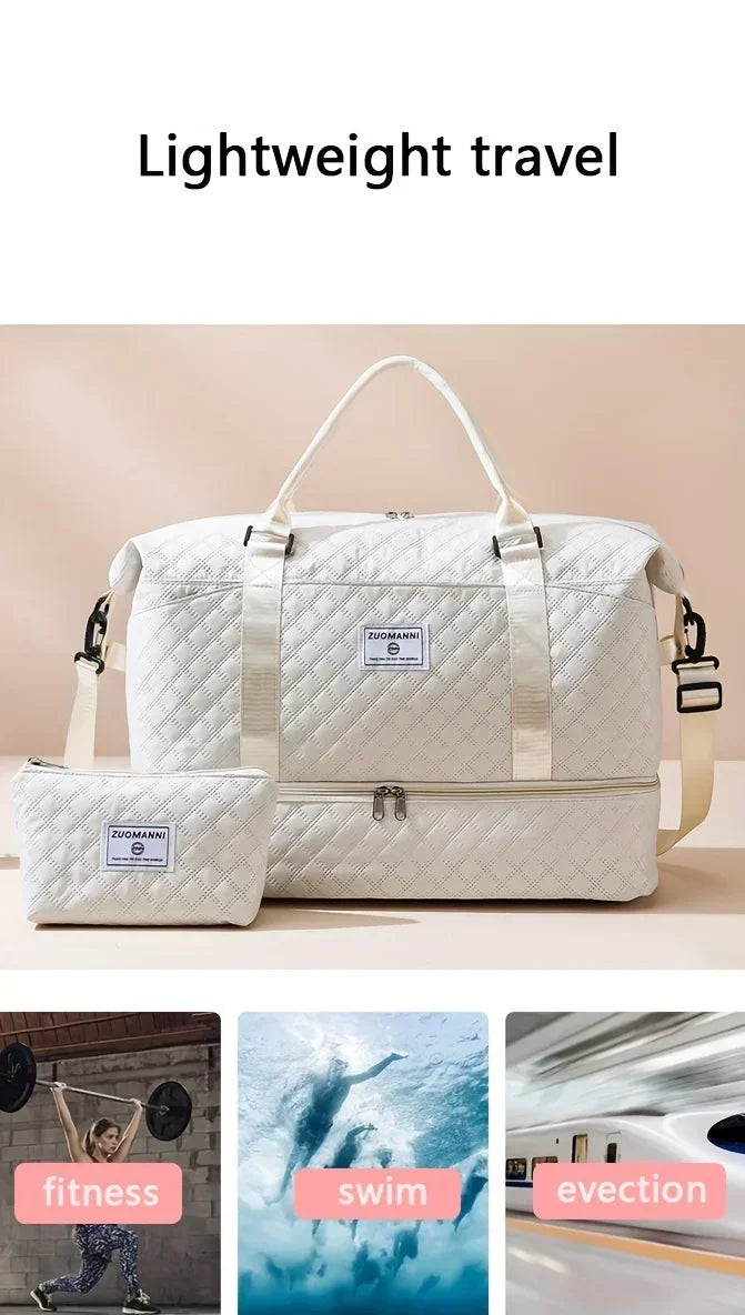 2pcs Set Large Capacity Travel Duffel Bag with Shoe Compartment and Cosmetic Pouch, Casual Nylon Gym Bag, Weekend Overnight Bag