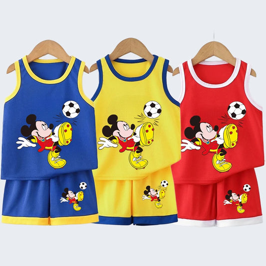 Disney Summer Thin Tracksuits New 2pcs Toddler Boys Casual Quick-drying Vest Tops+Shorts Kid Cartoon Printed Simple Outfits