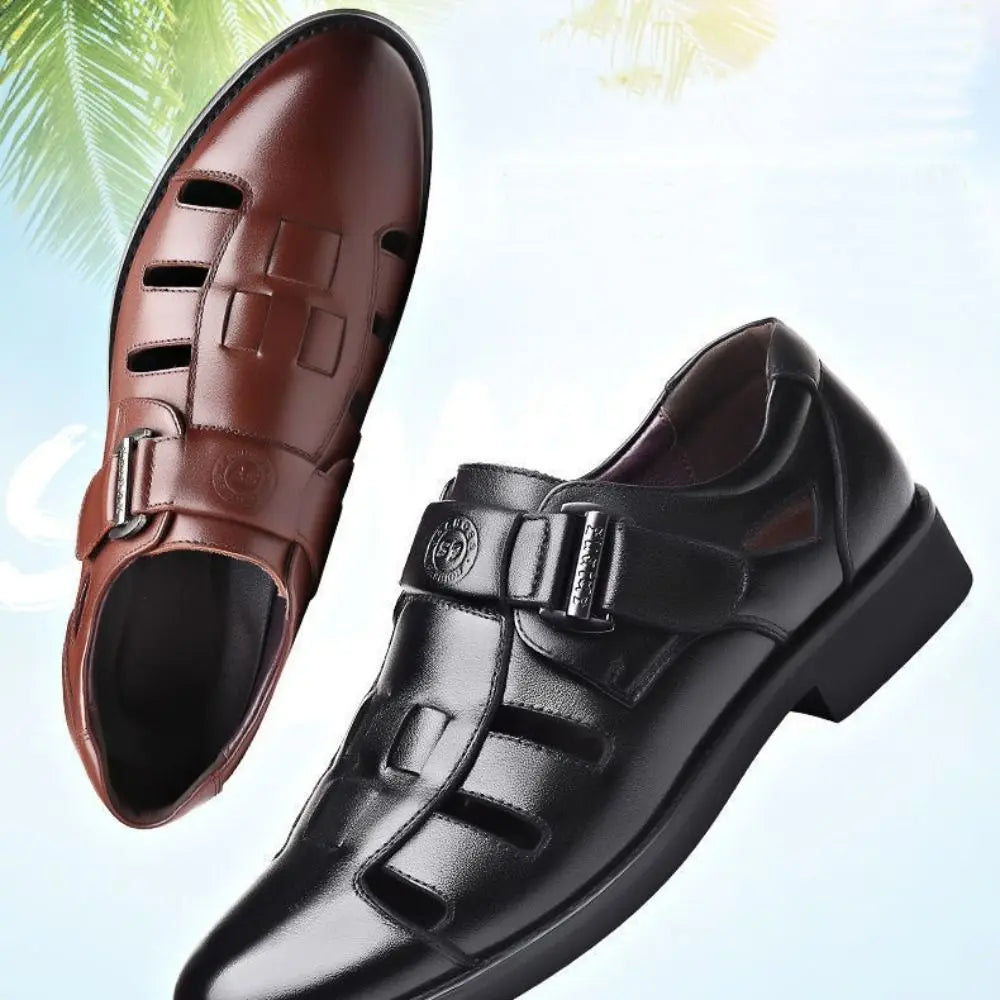 Classic Business PU Sandals Men Breathable Comfortable Hollow Leather Shoes Outwear Beachwear Men's Slippers Shoes Male