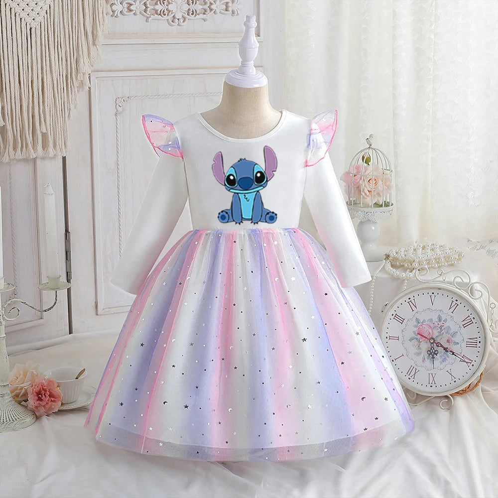Stitch Princess Dress Autumn New Disney Baby Girls Dress Spring Autumn Long-sleeved For Children Kids Clothes Birthday Party