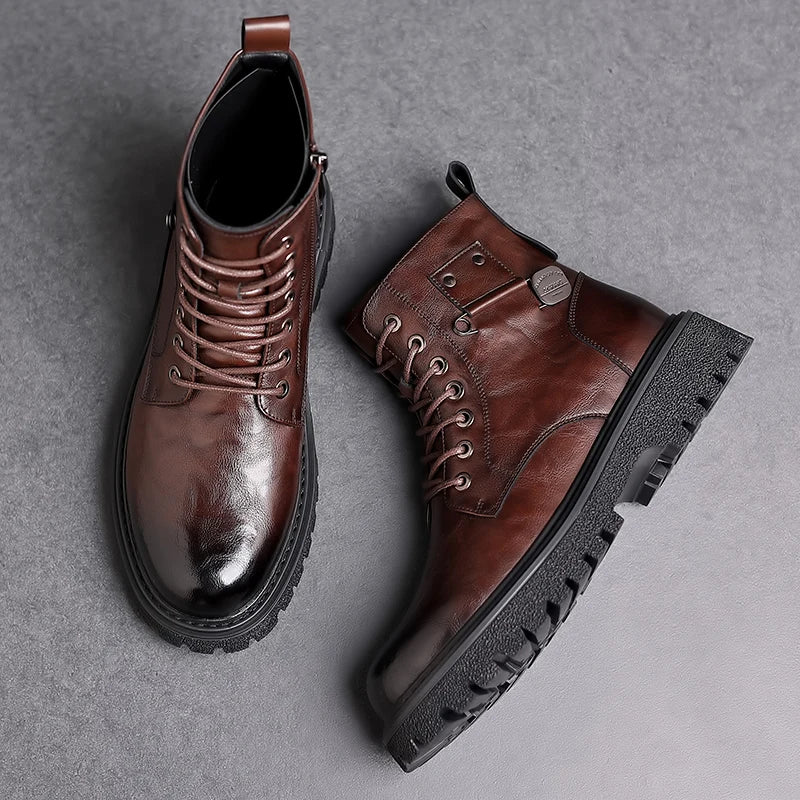 Men's High-Top Boots: British Style Thickened Sole Genuine Leather Indestructible Work Boots, Couple Big Yellow Boots for Men an