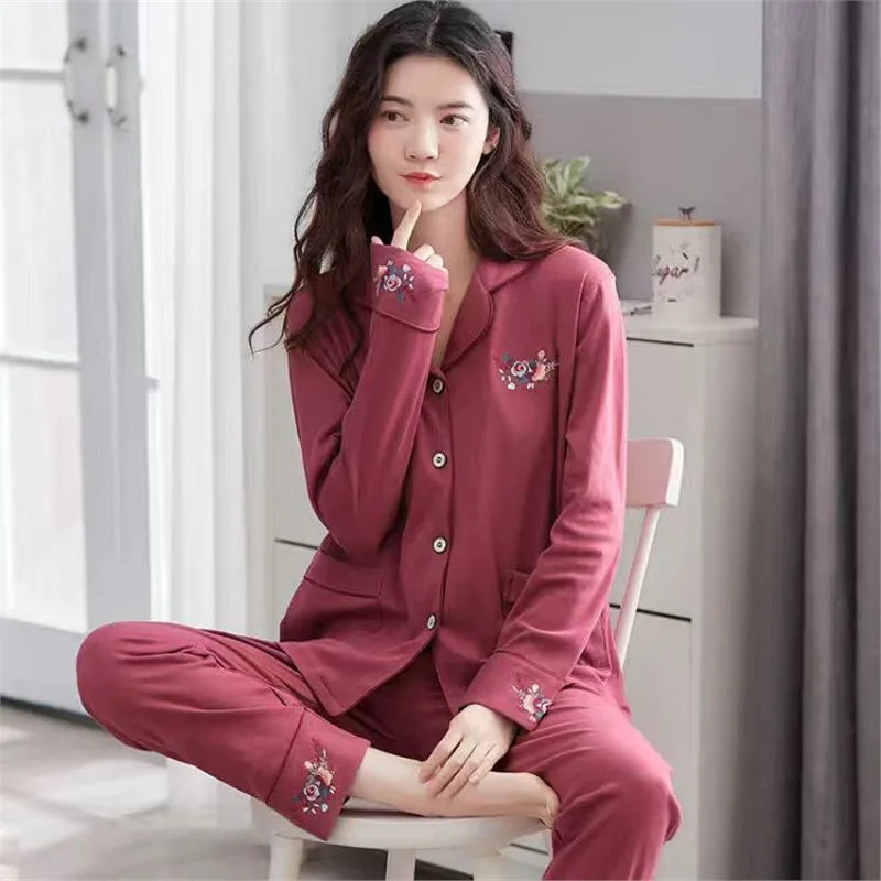 Antibacterial Pure Cotton Sleepwear Set for Women Loose Long Sleeve Home Clothes Cardigan Pants Fashionable Korean Style