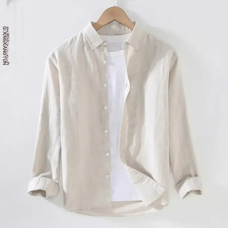 Men's Long Sleeve Casual Linen Shirt Solid Color Loose Fit Breathable Cotton Linen Fabric Square Collar Trendy Youth Style