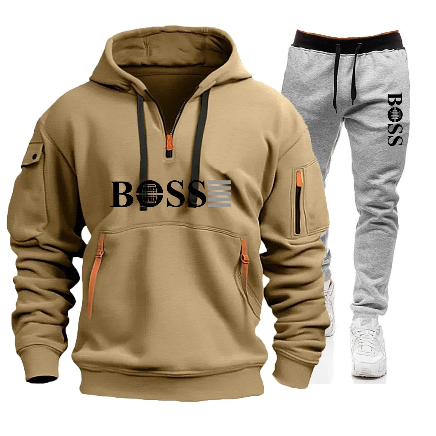 Men's Autumn and Winter New Pullovers Hoodie and Pants 2-piece Set, Outdoor Jogging Windproof Zipper Warm Men's Sportswear
