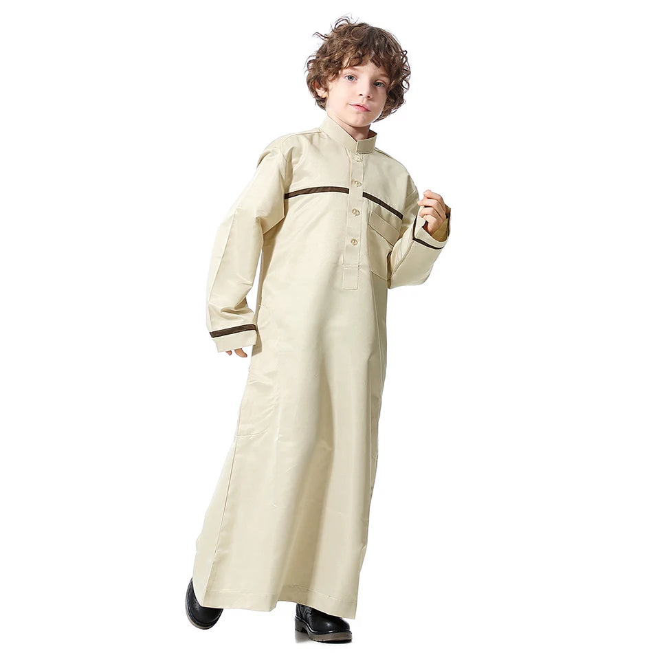 Ramadan Eid Islamic Boys Long Robe Children Traditional Arab Thobe Thawb Caftan Solid Color Long Sleeve Stand Collar with Pocket
