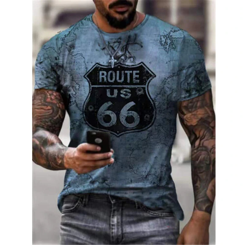 Retro America Route 66 3D Printed Men's T-shirts Vintage Loose Men Clothing Summer Round Neck Short Sleeve Unisex Tops Tees 4XL