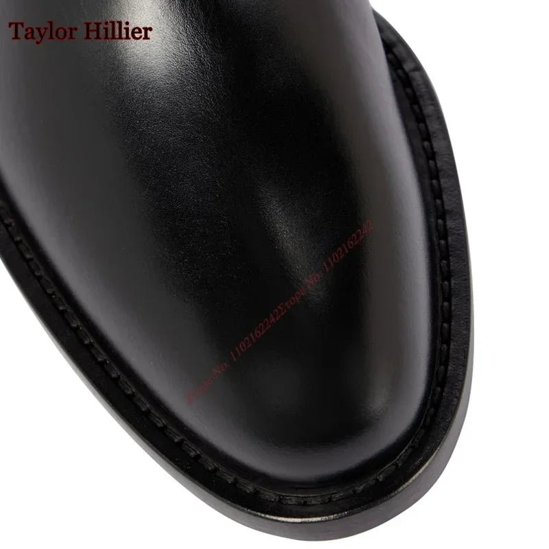 Black Round Toe Slip-On Women'S Boots Patent Leather Thick Heel Flat Knee-High Boots Fashionable Luxury Comfortable Winter Boots