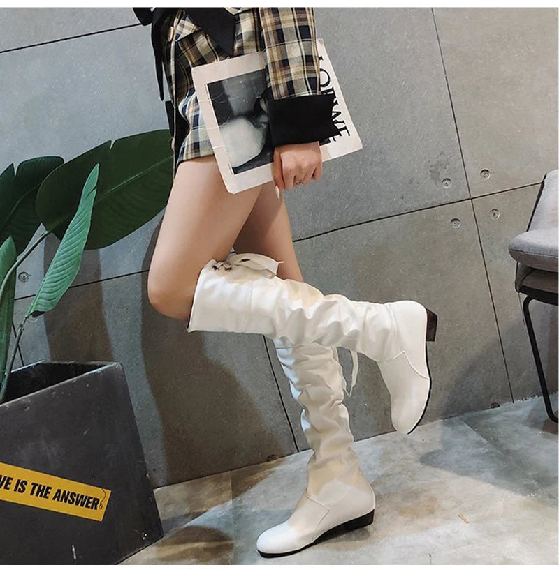 2023Shoes For Women  Knee High Boots Red Black White Tall Boots Woman Pleated Low Heel Casual Leather Female Long Shoes