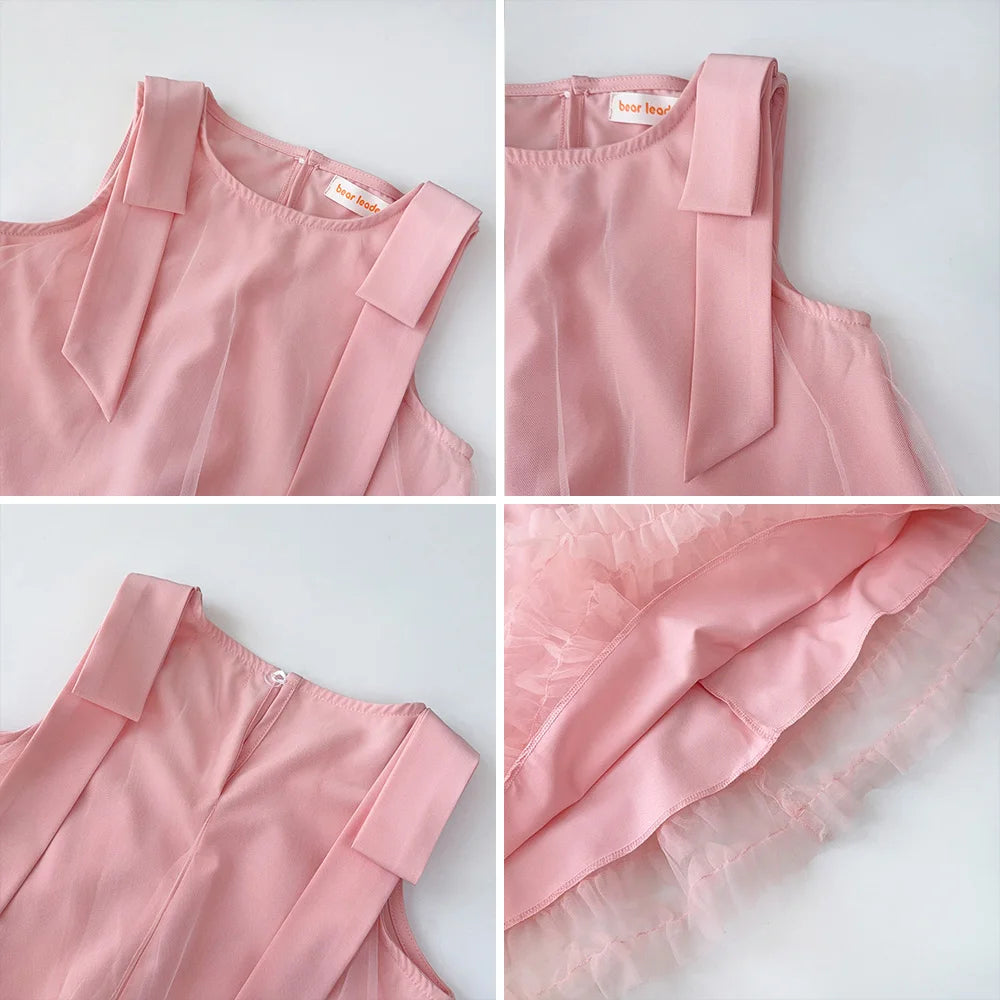 Pink Dreamy Sweet Girl Fairy Princess Dress Sleeveless Bow Decoration Mesh Lace Children's Casual Clothes Birthday Party Summer