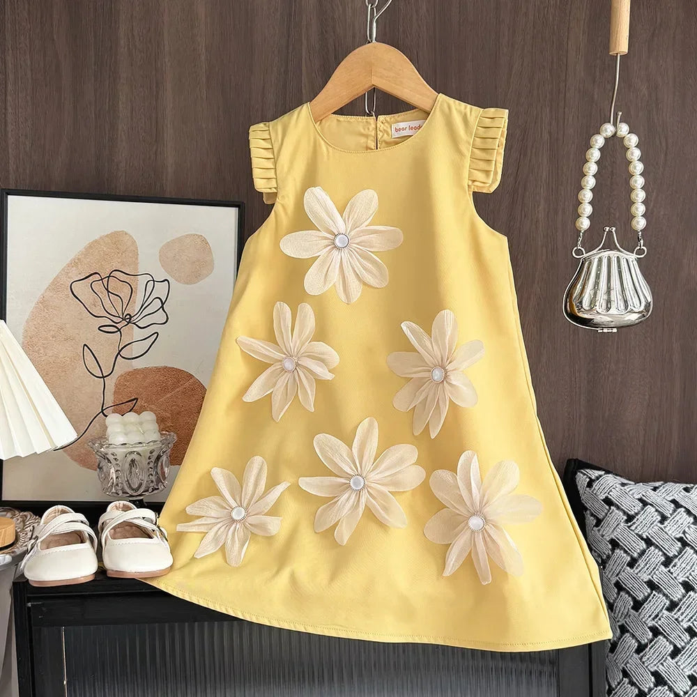 Summer New Girls' Casual Clothes Pleated 3D Flower Sleeveless Princess Dress Korean Version Solid Color Children 2-12 Years Old